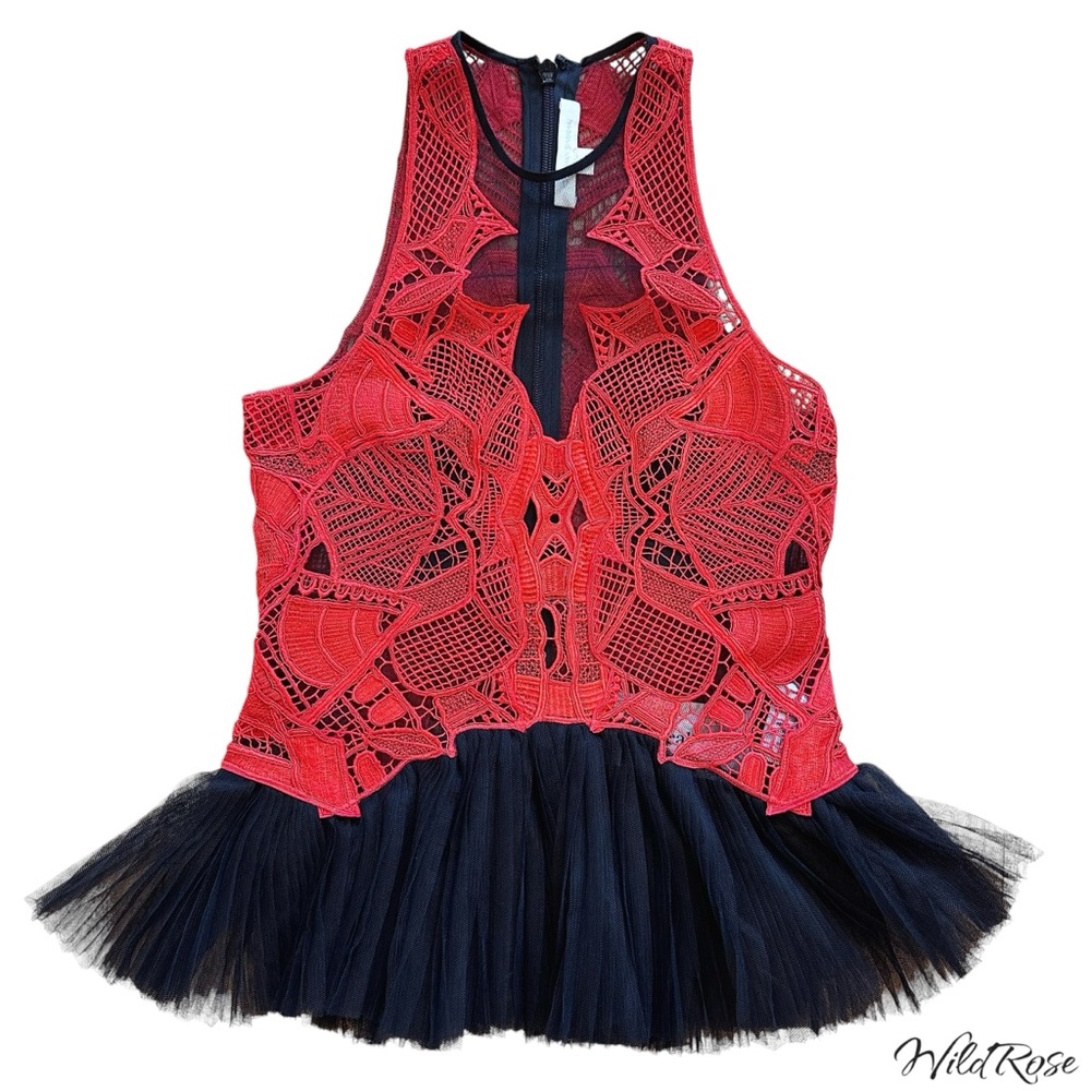 JONATHAN SIMKHAI RED LACE & BLACK TULLE SEEVELESS BLOUSE SZ 0